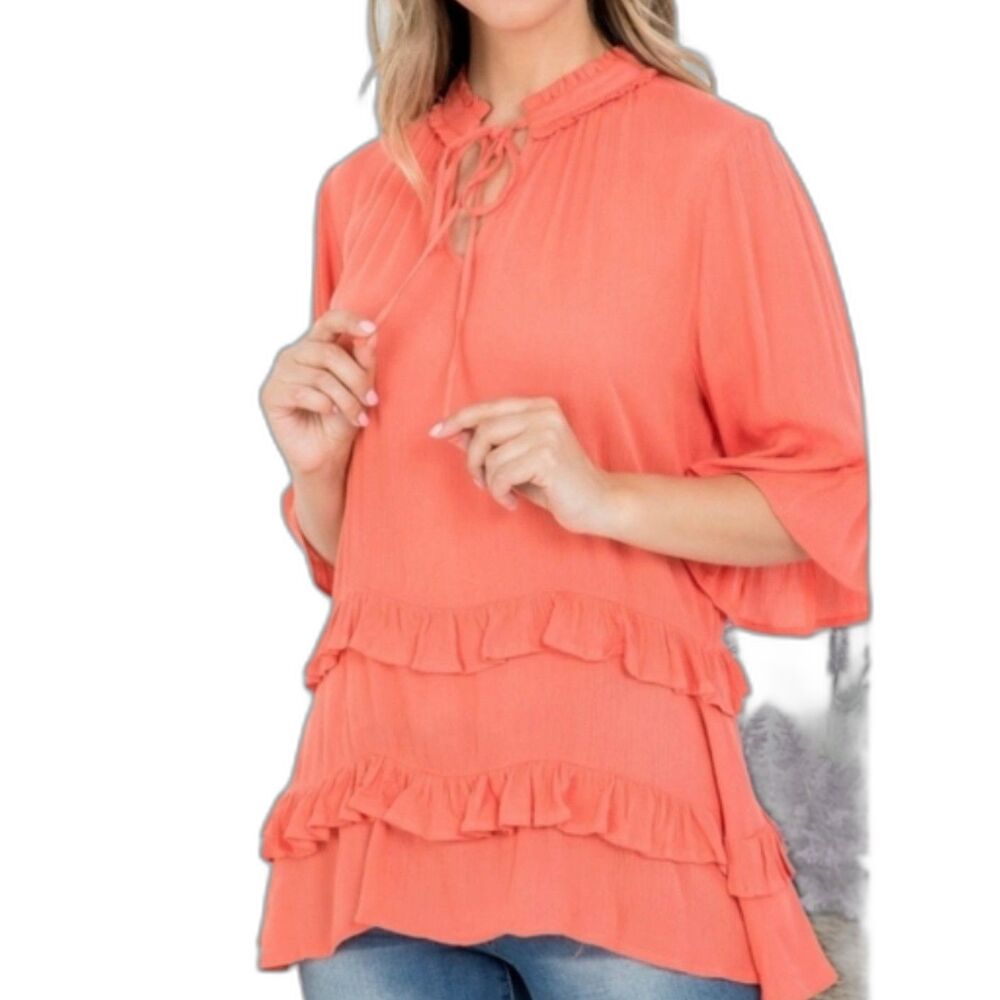 Doe & Rae Orange Ruffled Tie Neck Tunic Size M‎ - Picture 2 of 8